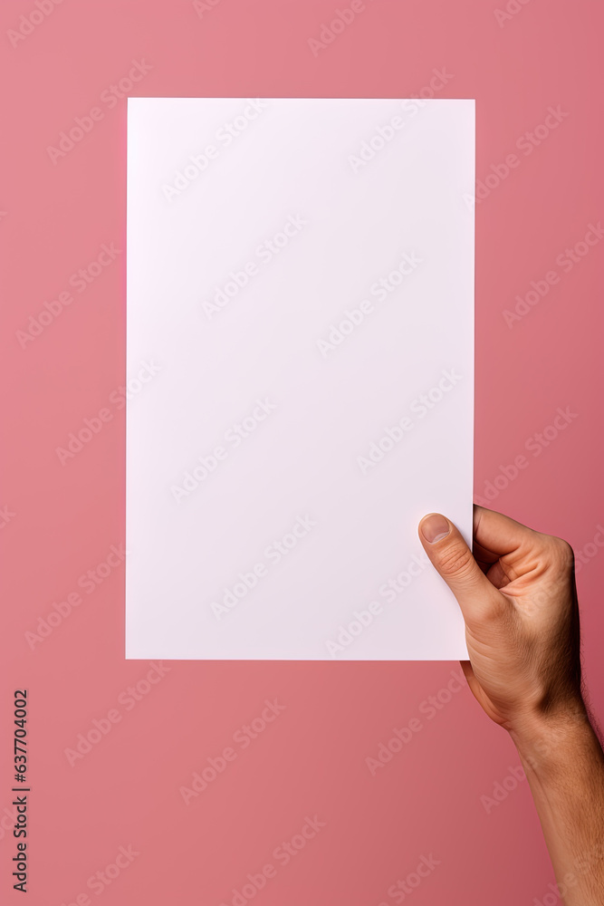 A human hand holding a blank sheet of white paper or card isolated on pink background A human hand holding a blank sheet of white paper or card isolated on pink background