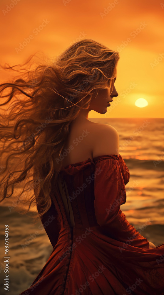Young beautiful woman looks at the sea at sunset Young beautiful woman looks at the sea at sunset