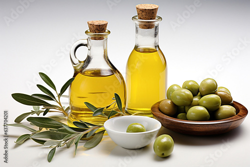 Organic olive oil in a bottle with olive.Health food, diet concept.Created with Generative AI technology.