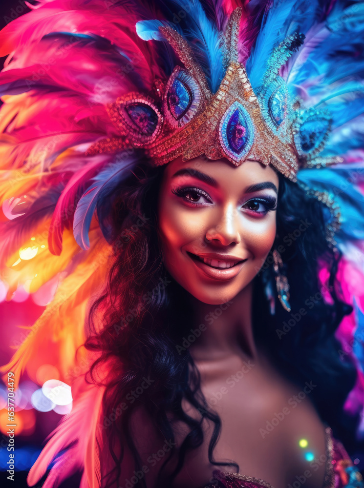 Latin party. Beautiful young woman in carnival and masquerade costume in colorful neon lights
