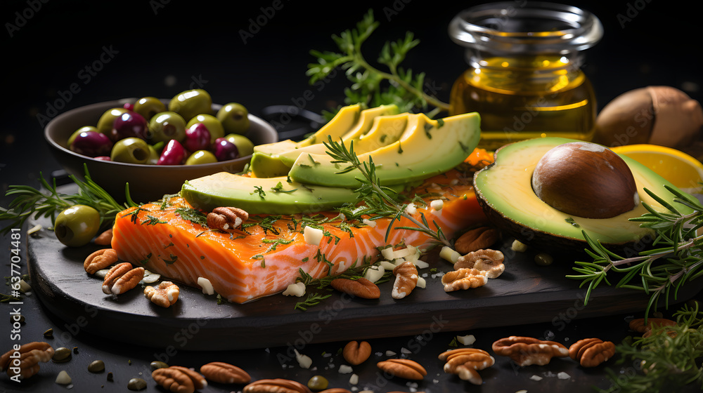 Selection of healthy unsaturated fats, omega 3 fish, avocado, olives