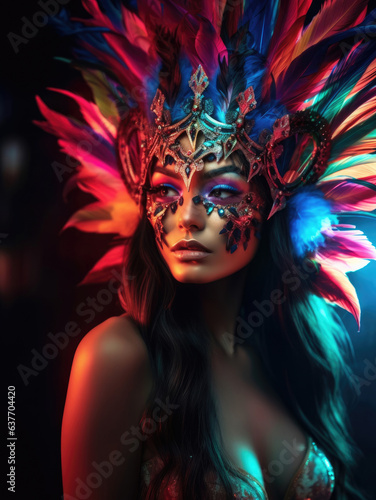 Latin party. Beautiful young woman in carnival and masquerade costume in colorful neon lights © Artemiy