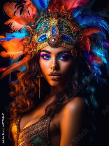 Latin party. Beautiful young woman in carnival and masquerade costume in colorful neon lights