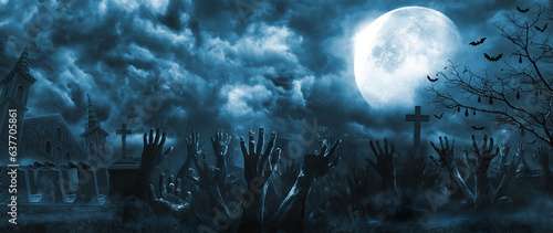 Quadro su tela Hands zombie Rising Out Of A Graveyard cemetery and church In Spooky scary dark Night full moon bats on tree