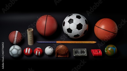 Variety of sports equipment on black background with copy space. Top view.