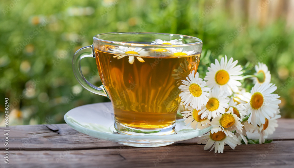 Close-up transparent cup of chamomile tea on the wooden table outdoors. A bouquet of daisies on the table. Herbal medicine concept. Close-up transparent cup of chamomile tea on the wooden table outdoors. A bouquet of daisies on the table. Herbal medicine concept.