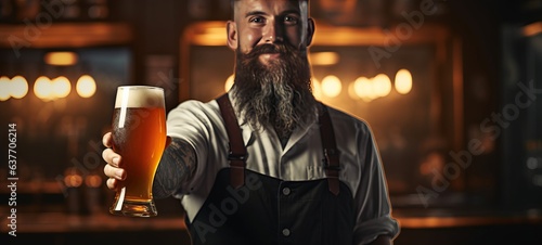 Freshly tapped beer. Bartender holding a freshly mug of beer. Banner.