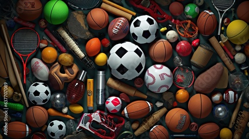 Variety of sports equipment on black background with copy space. Top view.