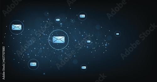 Email communication and digital marketing concept. email envelope icon on dark blue background. transmission email concept.