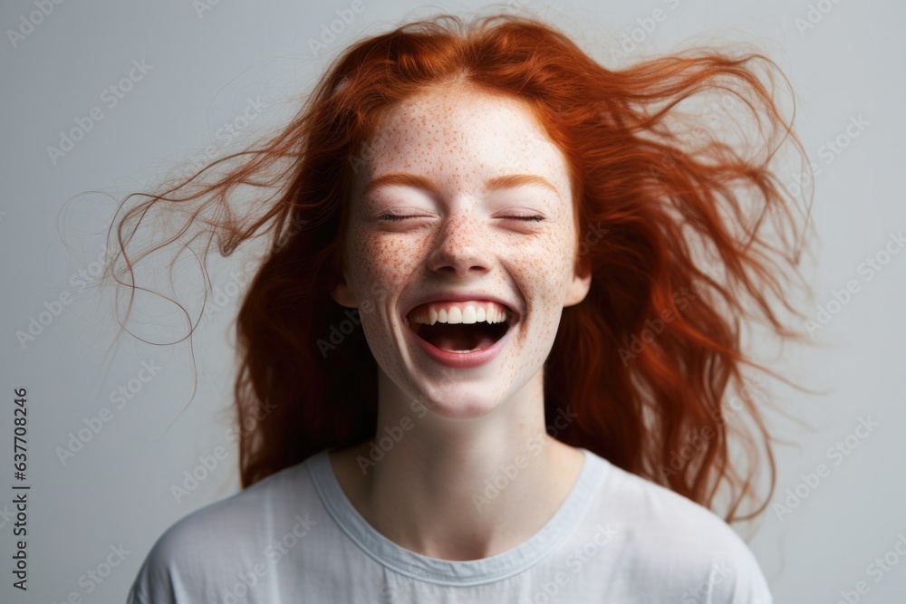 Radiant Redhead: Confident and Cheerful Young Woman with a Joyful Smile in a Secluded Studio Portrait Radiant Redhead: Confident and Cheerful Young Woman with a Joyful Smile in a Secluded Studio Portrait