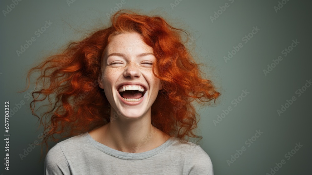 Radiant Redhead: Confident and Cheerful Young Woman with a Joyful Smile in a Secluded Studio Portrait