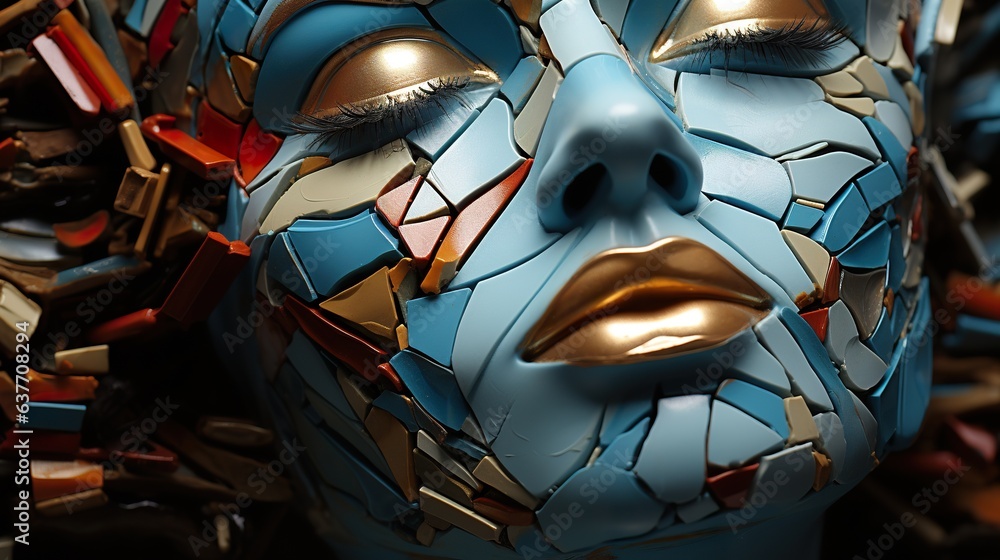 Blue and pink broken pieces of mosaic forming the face of a beautiful woman's face, generative AI Blue and pink broken pieces of mosaic forming the face of a beautiful woman's face, generative AI