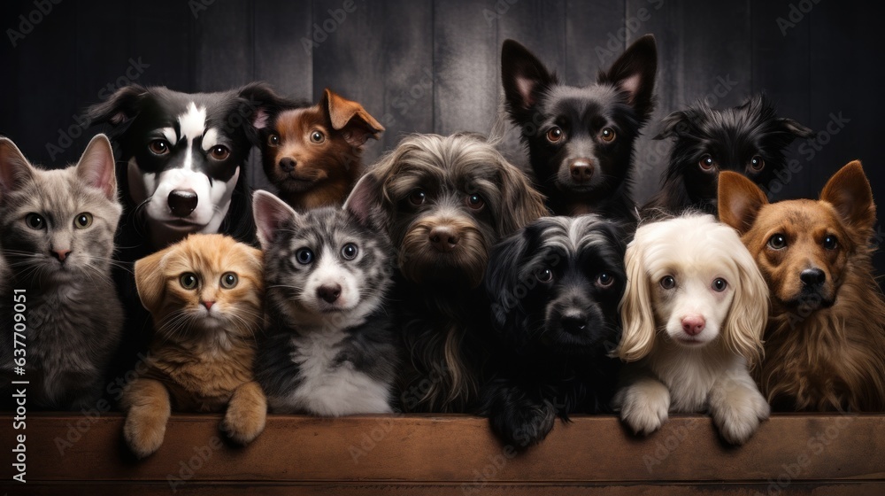Mix breed of dogs and cats line up upon the wall background. Generative AI Mix breed of dogs and cats line up upon the wall background. Generative AI