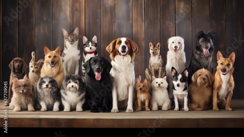 Mix breed of dogs and cats line up upon the wall background. Generative AI