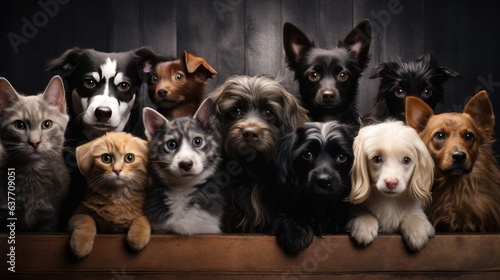 Mix breed of dogs and cats line up upon the wall background. Generative AI