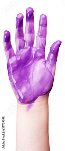 Children hand with purple painted isolated.