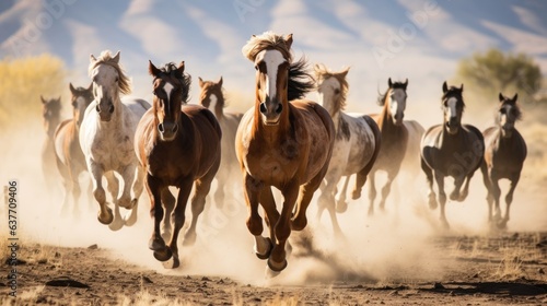 A pack of wild horses running and kicking up in dusty environment  horses running wild under bright sky
