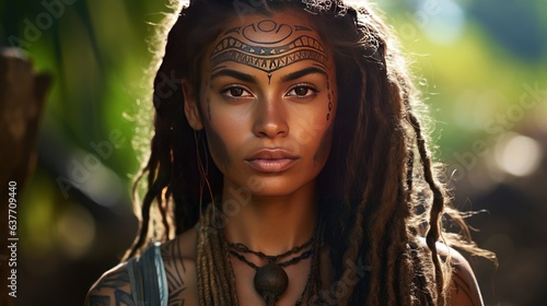 Portrait of an authentic Polynesian young woman with tribe tattoo on face photo