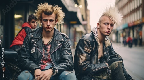 British punks with leather jackets on streets, rockers on street. Generative AI