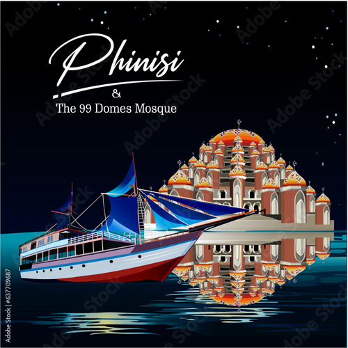 Phinisi sailing ship vector with illustrations on waters, landscapes and oceans.