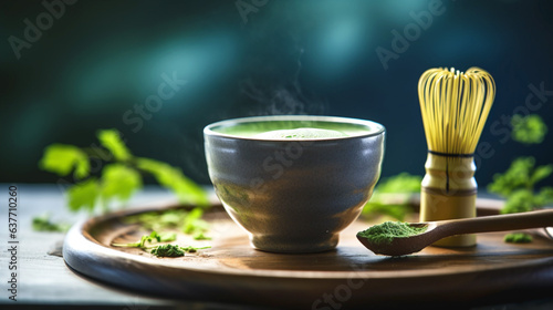 Green matcha cup, Japanese bamboo whisk for whisking tea, tea leaves in the background. Banner. Generative Ai content.