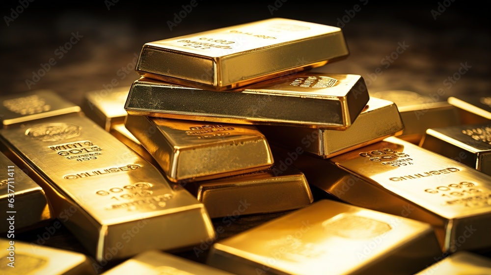 Stacks of pure gold bar on dark background. Represent business and finance concept idea. Generative AI Stacks of pure gold bar on dark background. Represent business and finance concept idea. Generative AI