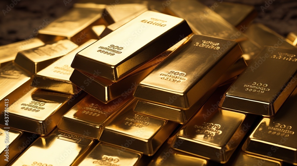 Stacks of pure gold bar on dark background. Represent business and finance concept idea. Generative AI Stacks of pure gold bar on dark background. Represent business and finance concept idea. Generative AI