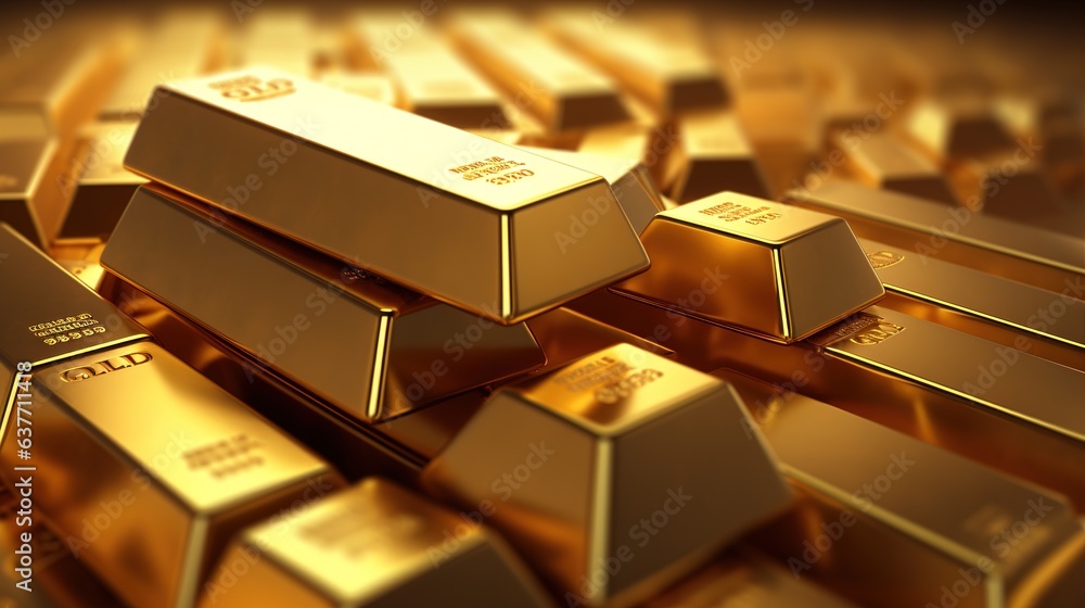 Stacks of pure gold bar on dark background. Represent business and finance concept idea. Generative AI Stacks of pure gold bar on dark background. Represent business and finance concept idea. Generative AI