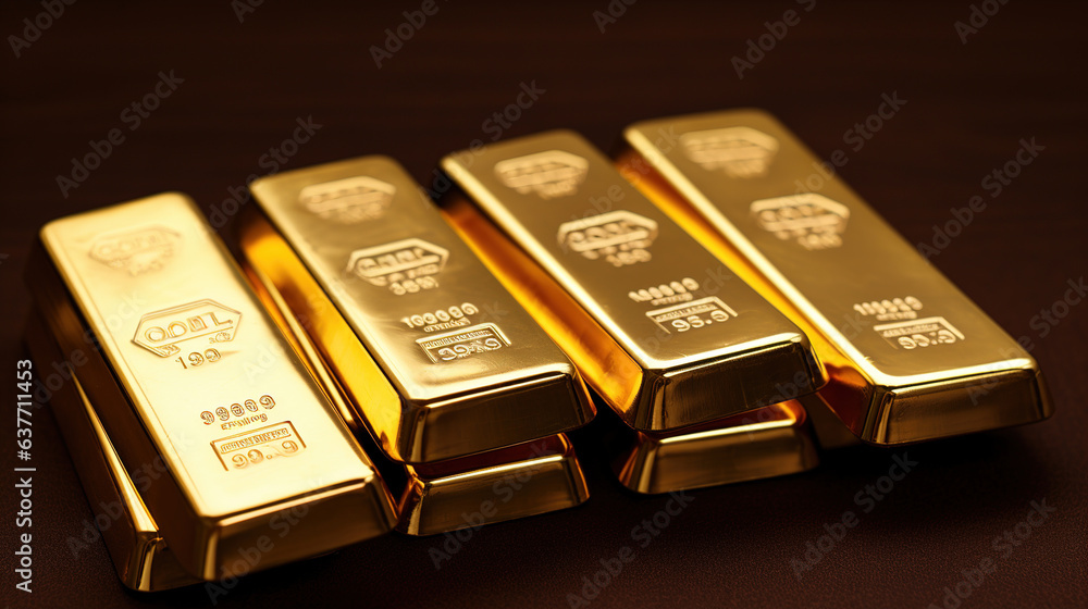 Stacks of pure gold bar on dark background. Represent business and finance concept idea. Generative AI Stacks of pure gold bar on dark background. Represent business and finance concept idea. Generative AI