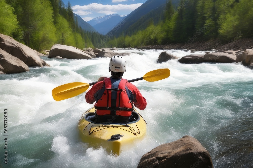 man kayaking on the river with mountain background