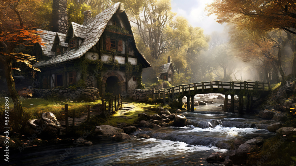 Obraz premium House by the River in the Highlands.Generative Ai