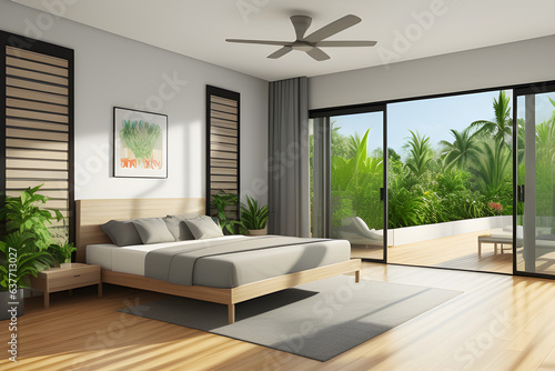 Modern bedroom with tropical style garden view 3d render  The Rooms have wooden floors  decorate with gray fabric bed  There are large sliding doors  Overlooks wooden terrace and green garden.