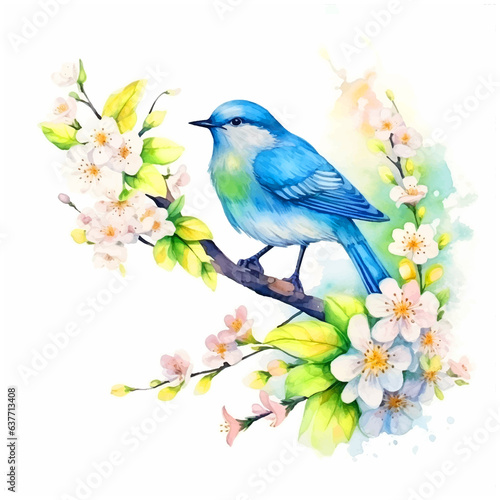 Bird on tree branch watercolor paint 