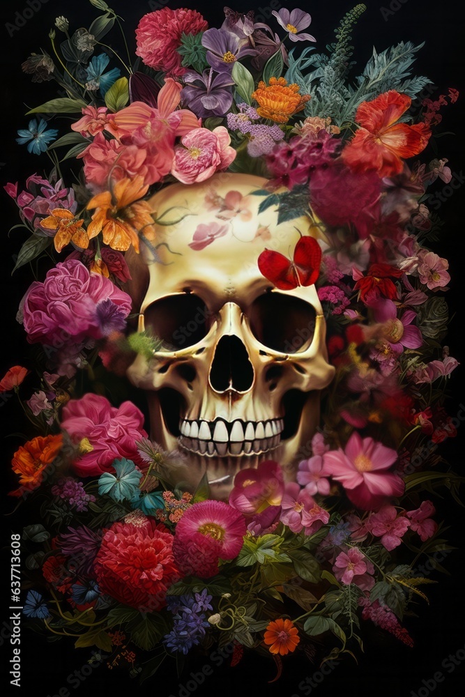 Half skull in lush of flowers Half skull in lush of flowers