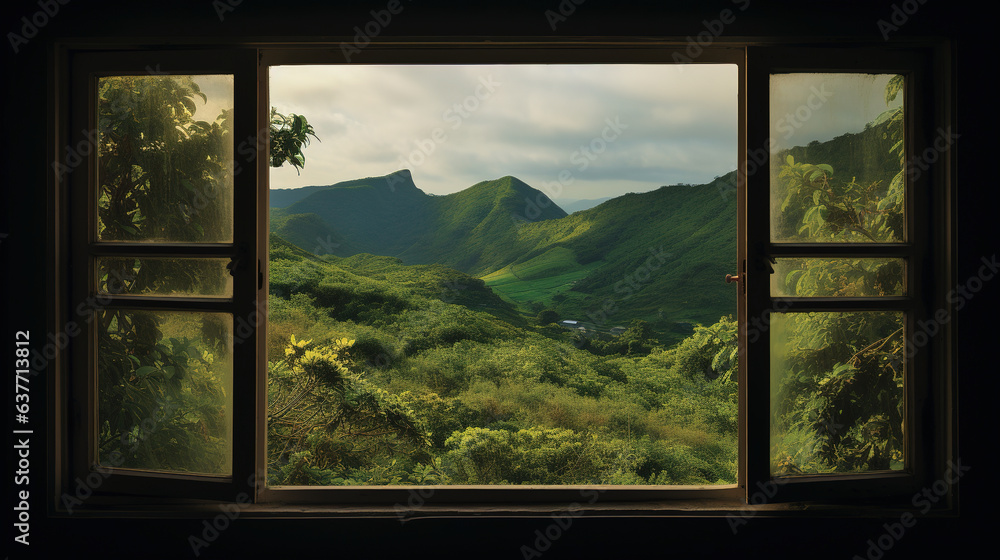 Naklejka premium Window View of a Forest on a Sunny Autumn Day. Generative Ai