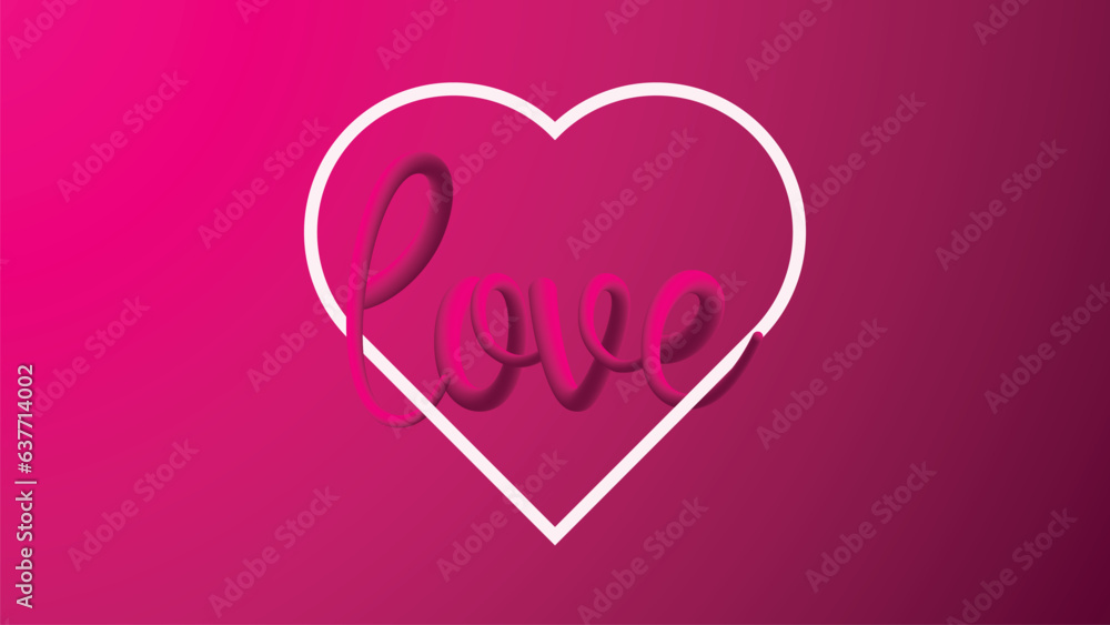 Heart with love 3D text calligraphy art drawing illustration background.