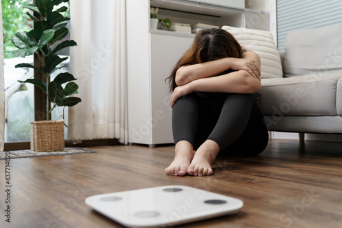 Obraz na plátně Sad woman with fat upset bored of dieting Weight loss fail  Fat diet and scale s