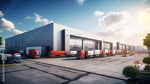 Print op canvas Dynamic Logistics Hub, Realistic Render of Commercial Warehouse and Transport Ce