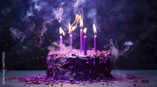 On a backdrop of violet a purple birthday cake