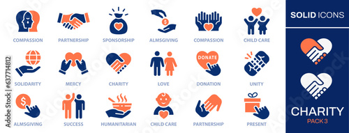 Charity icon set. Collection of donate, heart, unity, community, integrity and more. Vector illustration. Easily changes to any color.
