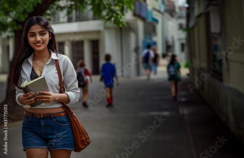 Cute Indian College Girl Smiling with Book - Youthful Campus Life © PlayFulBeasT