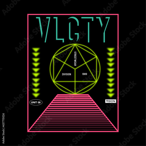 Streetwear clothing typography vector artwork, black background, Vector illustration, Retro futuristic design elements, perspective grid graphic with lines