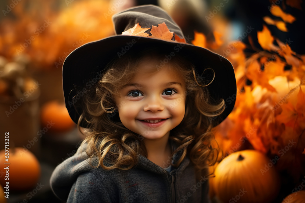 Children's portrait of a cute caucasian girl in a witch costume and a black hat with pumpkins outdoors on an autumn day looking at camera. Halloween holiday concept Children's portrait of a cute caucasian girl in a witch costume and a black hat with pumpkins outdoors on an autumn day looking at camera. Halloween holiday concept
