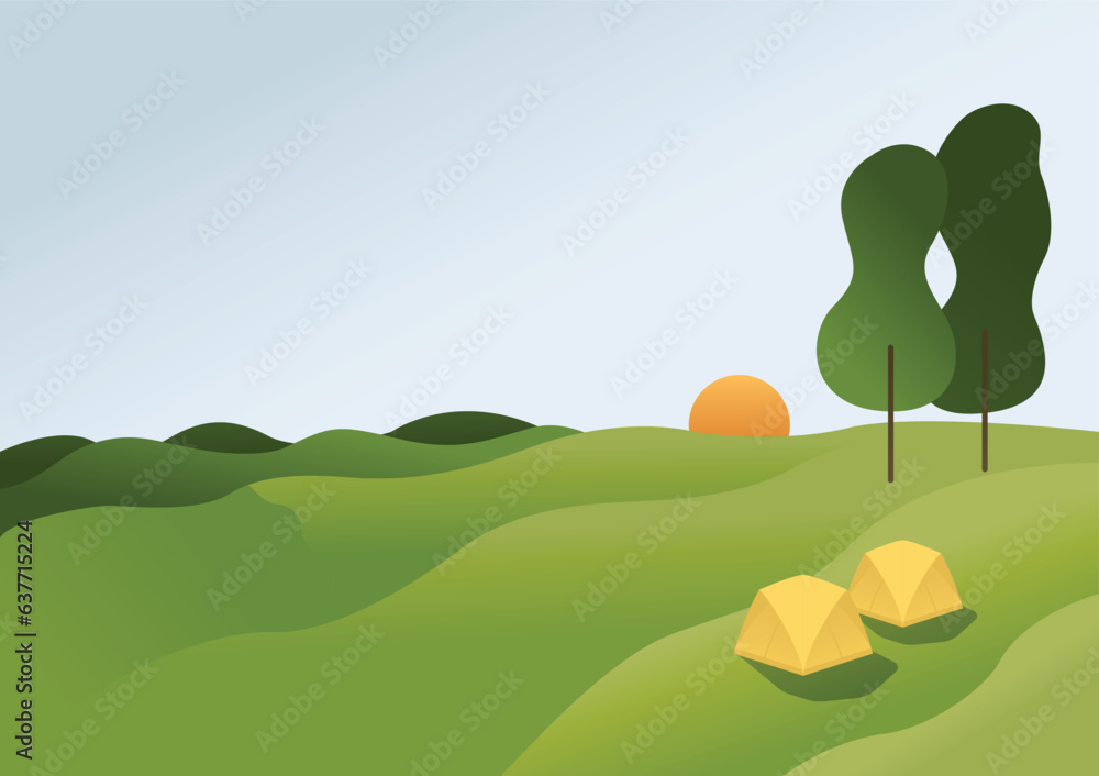 Fototapeta premium Nature landscape of fields, mountains, tree, sun and tent for background, Vector Illustration
