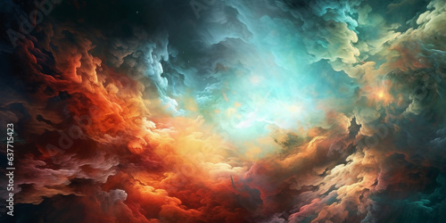 Abstract dramatic watercolor cloudscape background with orange and cyan clouds. Generative AI   © Alina