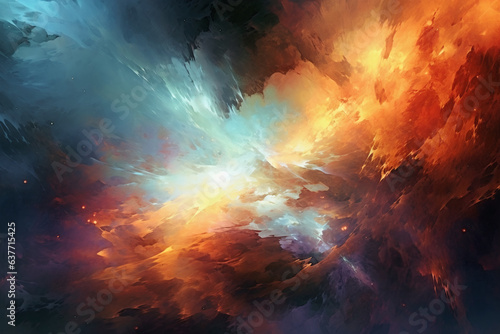 Abstract dramatic watercolor cloudscape background with orange and cyan clouds. Generative AI  