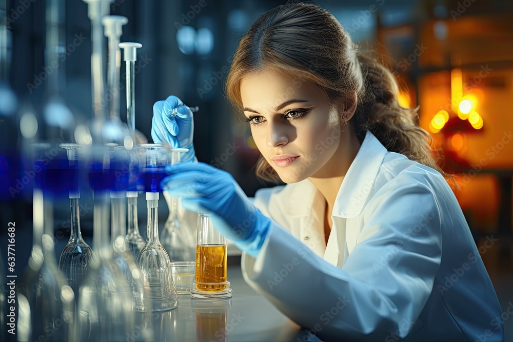 female laboraty assistent doing a chemical analysis (Generative AI) female laboraty assistent doing a chemical analysis (Generative AI)
