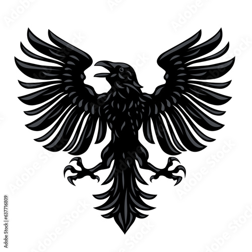 Heraldic raven crow. Symbol, sign, line, icon, silhouette, tattoo. Isolated vector illustration.