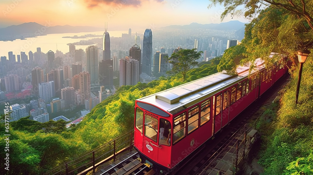 Naklejka premium a red train is running in hill railway leaving city behind.Generative Ai