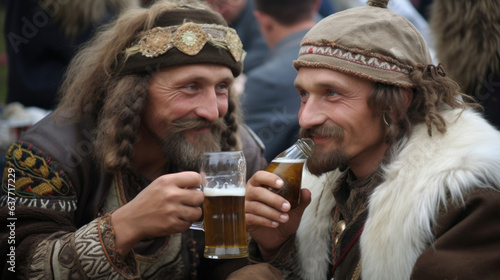An image of two older men in national costumes drinking beer.